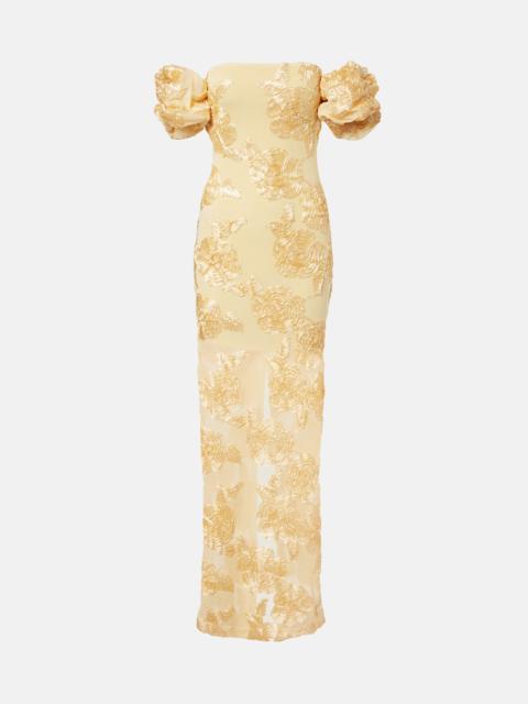 ROTATE Floral-appliqué off-shoulder maxi dress