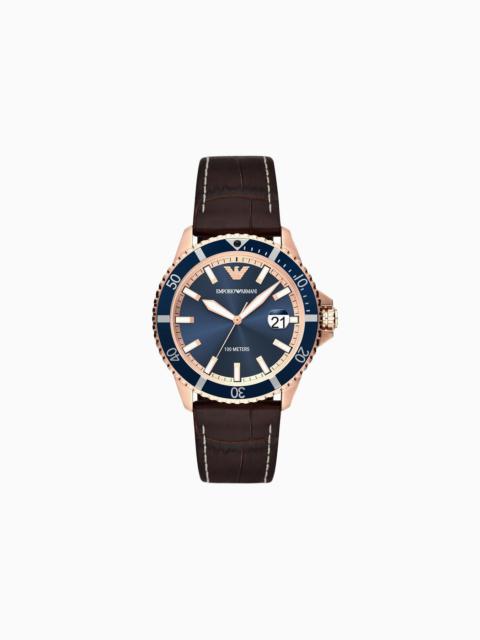 EMPORIO ARMANI Three-Hand Date Brown Leather Watch