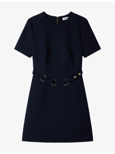 Sandro Short-Sleeve Ring-Belt Woven Mini Dress