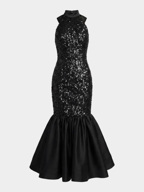 MAC DUGGAL Sequined Lace-Satin Halter Mermaid Midi Dress