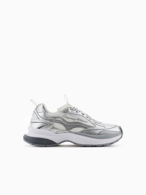EMPORIO ARMANI MESH SNEAKERS WITH LAMINATED DETAILS AND SIGNATURE LOGO