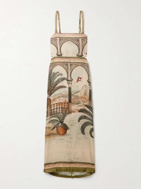 Johanna Ortiz Cartagening tasseled straw-trimmed printed linen-voile midi dress Ecru