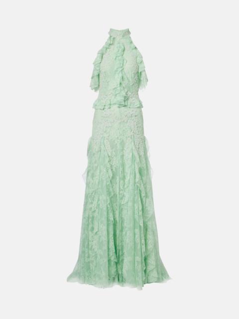 COSTARELLOS Embellished halterneck lace gown