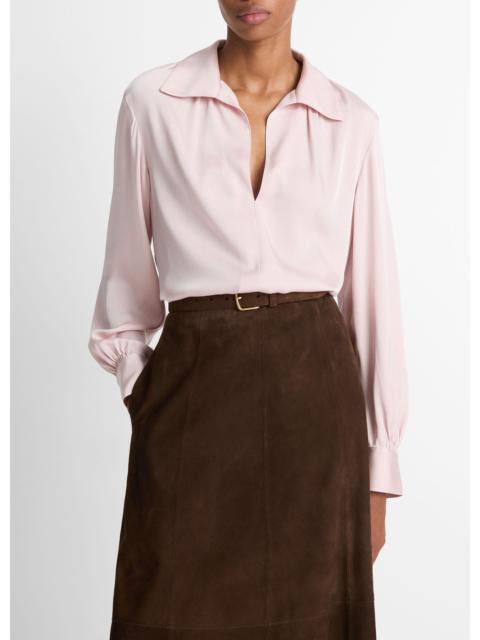 Vince Smocked Silk-Blend Long-Sleeve Blouse