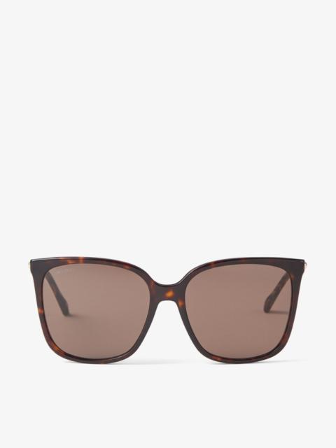 JIMMY CHOO Scilla
Brown Havana Square-Frame Sunglasses with Gold Glitter Temples