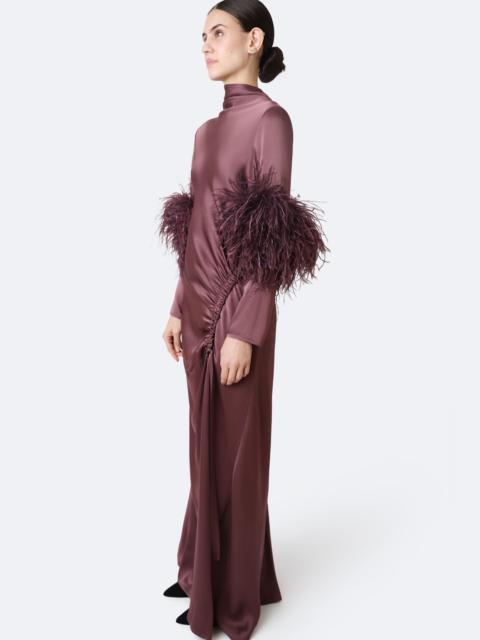 LAPOINTE Satin Tab Gown With Feathers