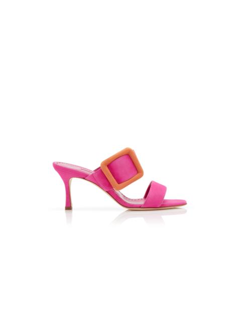 Bright Pink and Orange Suede Buckle Mules