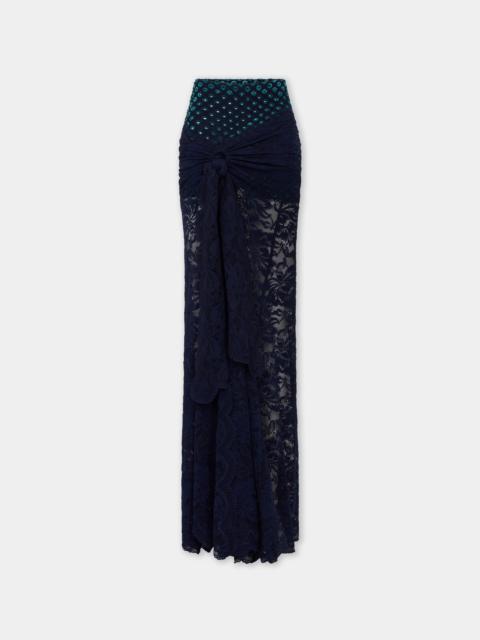 rabanne LONG NAVY BLUE TROMPE-L'ŒIL LACE SKIRT