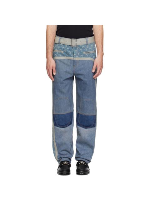 Marine Serre Blue Regenerated Denim Belted Baggy Jeans