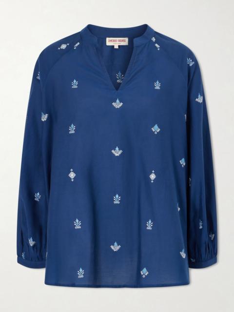 EMPORIO SIRENUSE Ilizia embroidered cotton and silk-blend blouse Blue