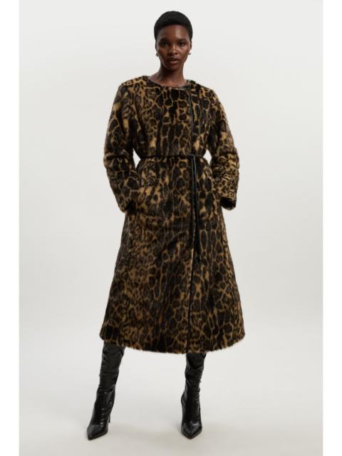 KAREN MILLEN Faux Fur Leopard Collarless Tie Belted Midi Coat