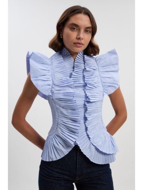 KAREN MILLEN Stripe Pleated Ruffle Sleeve Woven Top