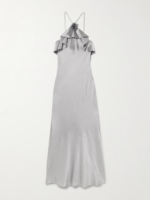 RODARTE Appliquéd Ruffled Silk-satin Halterneck Midi Dress