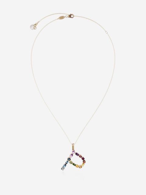 Rainbow alphabet P pendant in yellow gold with multicolor fine gems