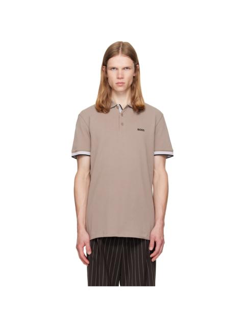 BOSS Taupe Contrast-Tipped Cotton Piqué Polo