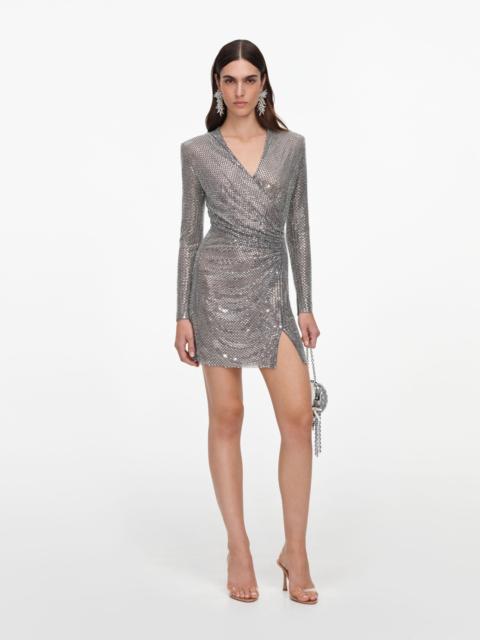 self-portrait Grey Rhinestone Mesh Wrap Mini Dress