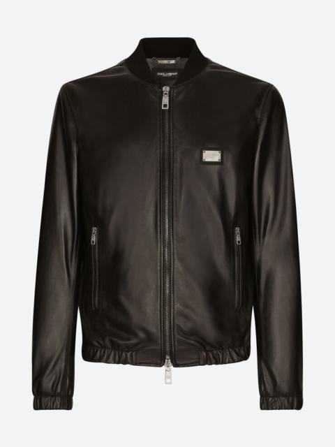 Leather jacket with branded tag