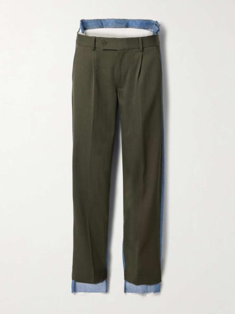 BETTTER Denitrouser paneled pleated wool-blend and denim pants Army green