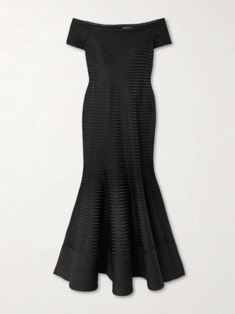 CAROLINA HERRERA Off-the-shoulder striped metallic knitted midi dress Black