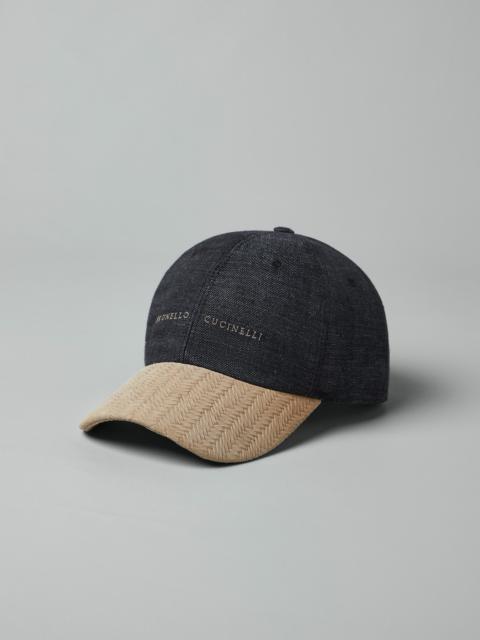Denim-effect linen and suede baseball cap with embroidery