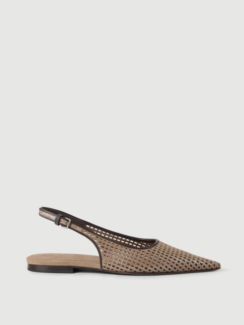 Brunello Cucinelli Sparkling leather net slingback flats with monili