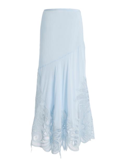 ULLA JOHNSON Oona Embroidered Silk Crepe De Chine Midi Skirt light blue