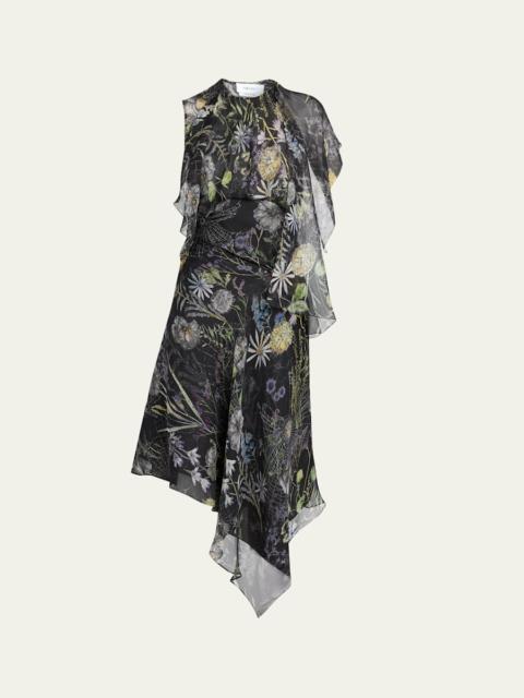 Alexander McQueen Floral-Print Asymmetric Ruffle Midi Dress