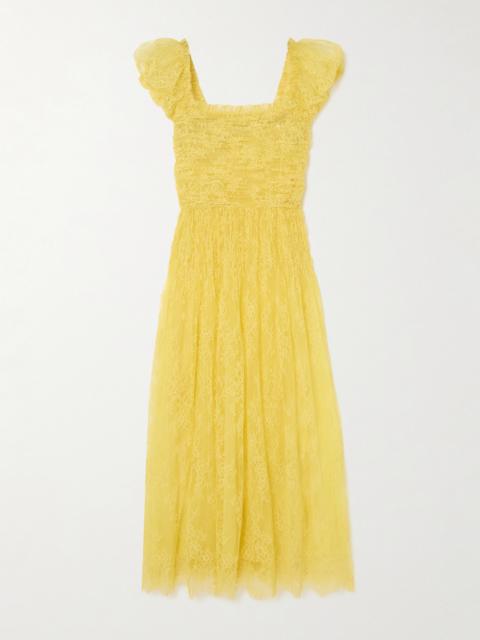 DÔEN Pamelina Ruffled Shirred Lace Midi Dress