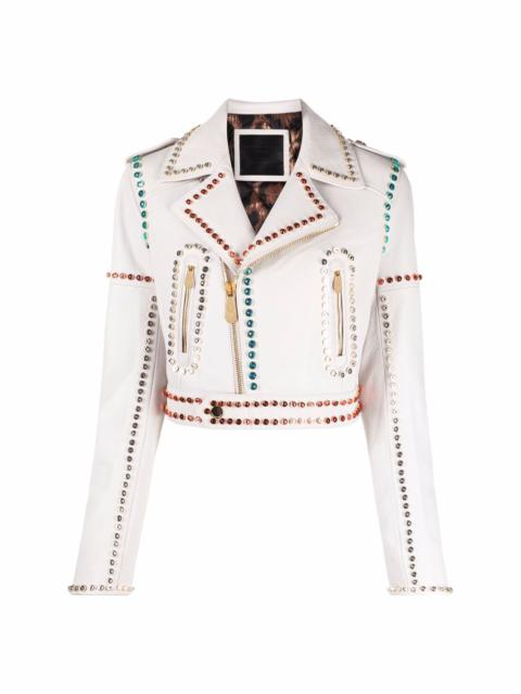 crystal-trim studded cropped biker jacket
