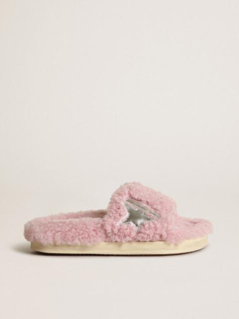 Poolstar model in pink shearling with silver laminated leather star
