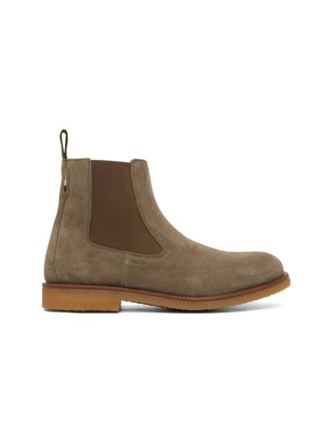 BOSS Khaki Suede Signature-Stripe Stitching Chelsea Boots