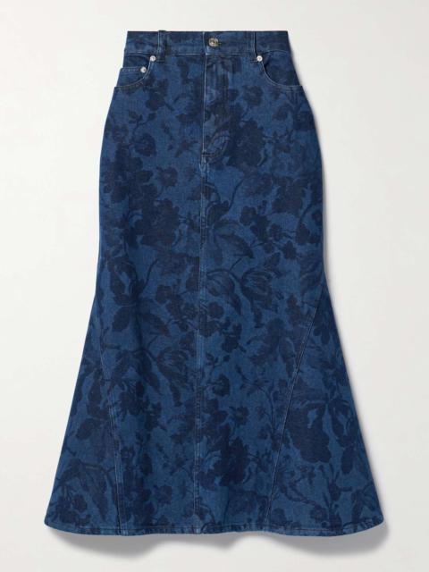 Leather-trimmed floral-print denim midi skirt
