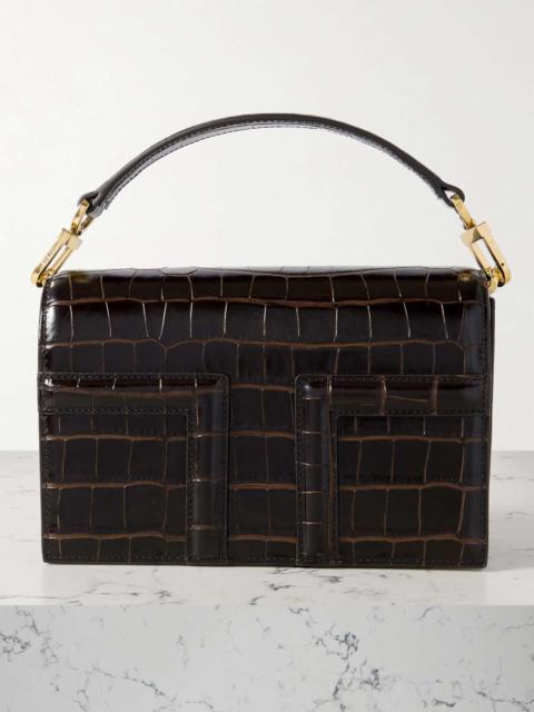 Totême T-Flap mini croc-effect leather shoulder bag Dark brown