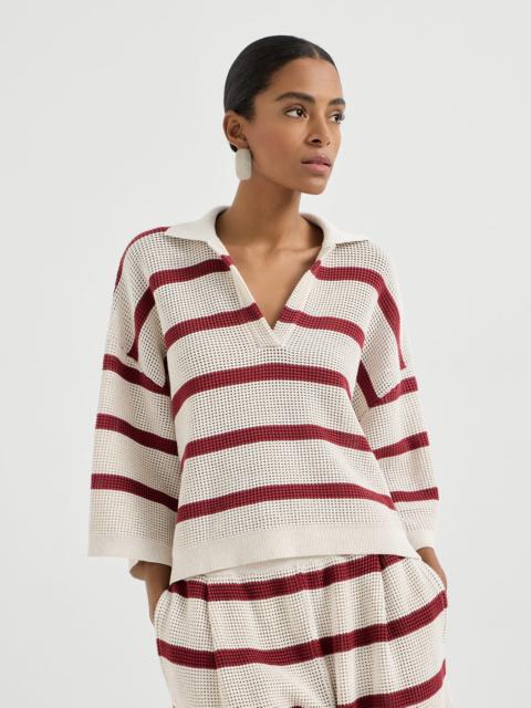 Brunello Cucinelli Cotton striped net knit polo shirt