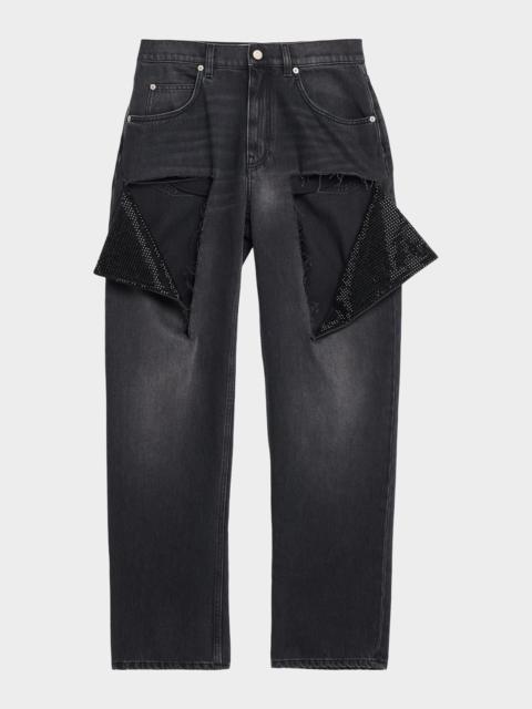 AREA Hotfix Thigh Slash Straight-Leg Jeans
