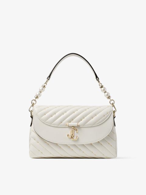 JIMMY CHOO Curve Top Handle Latte Quilted Nappa Leather Top Handle Bag with Pearl Detail