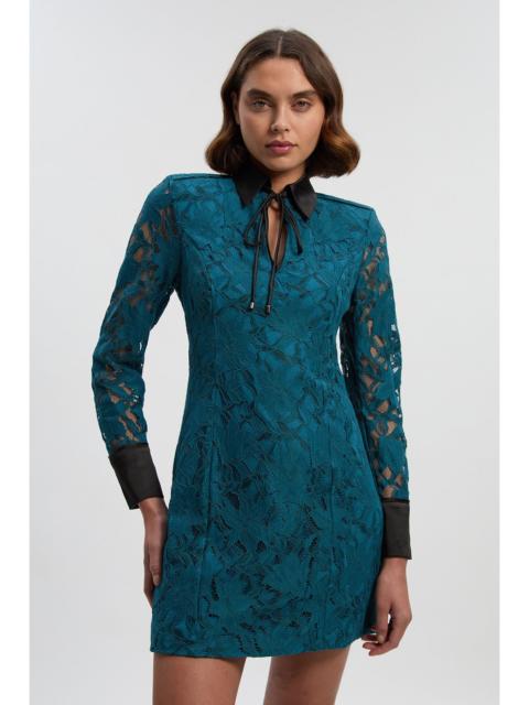 KAREN MILLEN Tipped Corded Lace High Neck Detail Woven Mini Dress