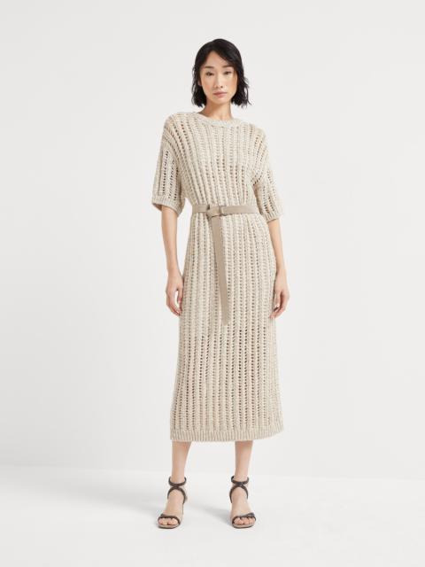 Brunello Cucinelli Dazzling silk and linen openwork rib knit dress with suede belt