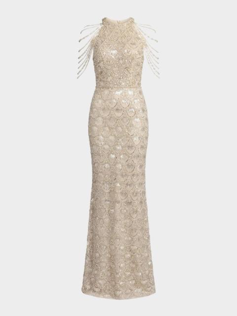 MAC DUGGAL Petite Draped Beaded Column Gown