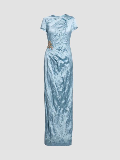 Erdem EMBROIDERED TEXTURED SATIN SHORT SLEEVE DRAPED GOWN