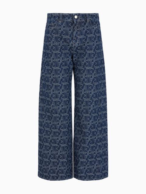 EMPORIO ARMANI J33 mid-rise cropped, flared jacquard denim jeans with all-over EA lettering