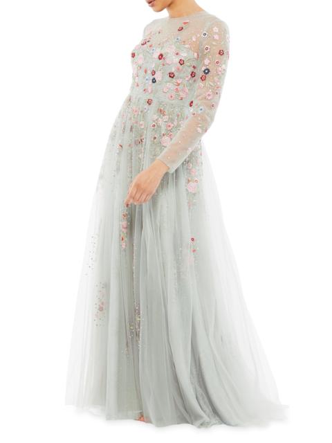 MAC DUGGAL Women's Long-Sleeve Floral Applique Tulle Gown - Platinum Multi