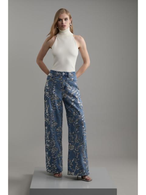 KAREN MILLEN Denim All Over Floral Sequin Wide Leg Trousers