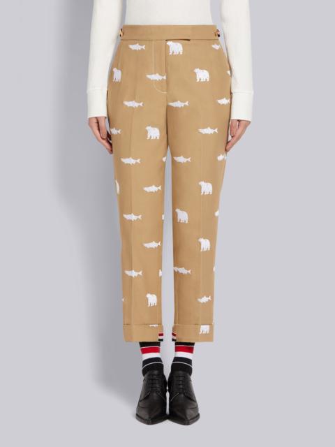 Thom Browne Camel Canvas Bear and Salmon Half Drop Fill Stitch Embroidery Low Rise Side Tab Skinny Trouser