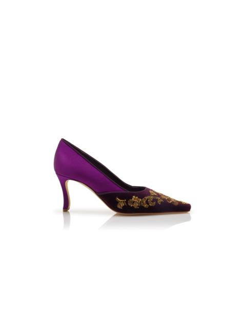 Manolo Blahnik Purple Satin and Velvet Embroidered Pumps