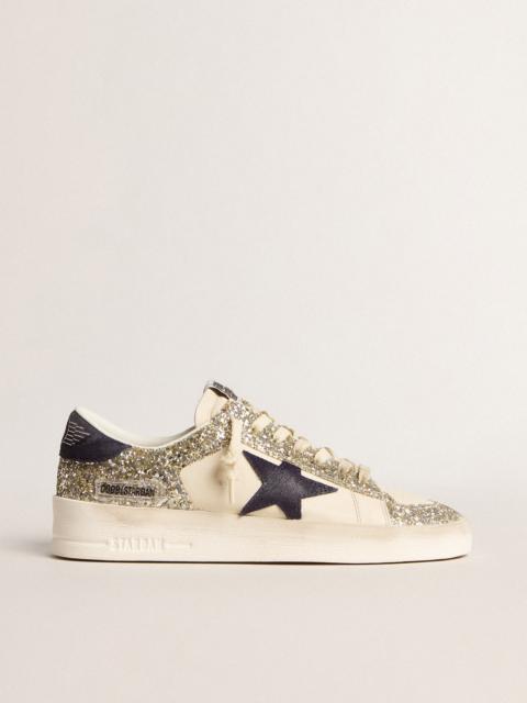 Golden Goose Stardan in platinum glitter with dark blue suede star and heel tab