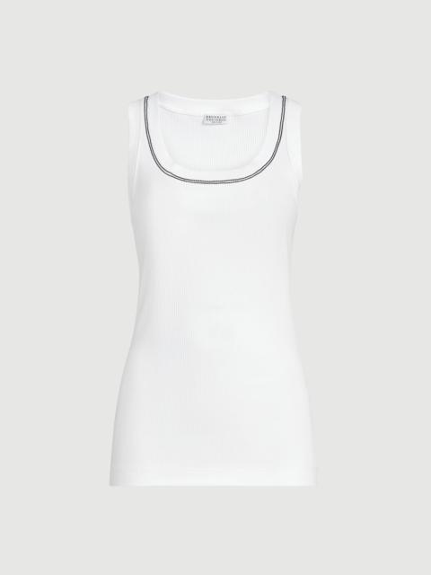 Brunello Cucinelli Stretch cotton ribbed jersey top with shiny trim
