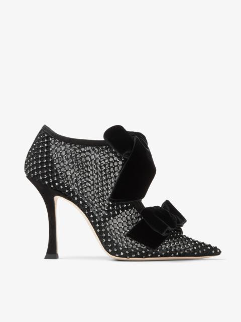 JIMMY CHOO Flaca 100
Black Crystal Mesh Boots with Bows