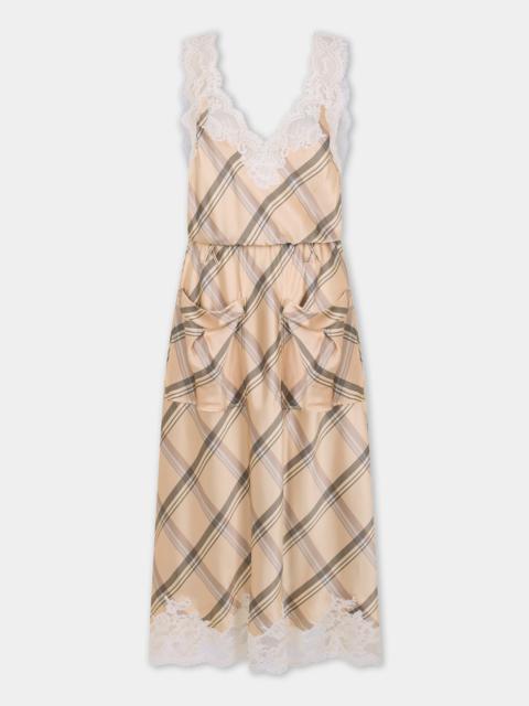 rabanne MIDI DRESS IN BEIGE TARTAN PRINT SILK SATIN WITH LACE DETAILING