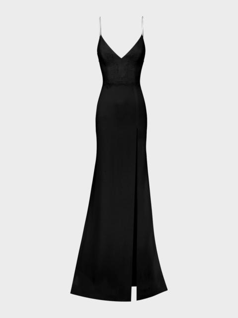 ALEX PERRY V-Neck Sleeveless Lace-Trim Satin Crepe Trumpet Gown
